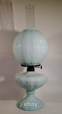 Antique Fenton Cabbage Rose Pale Blue GWTW Oil Lamp Aetna Burner