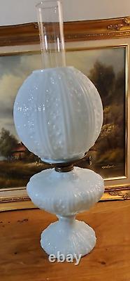 Antique Fenton Cabbage Rose Pale Blue GWTW Oil Lamp Aetna Burner