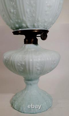 Antique Fenton Cabbage Rose Pale Blue GWTW Oil Lamp Aetna Burner