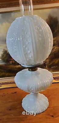 Antique Fenton Cabbage Rose Pale Blue GWTW Oil Lamp Aetna Burner