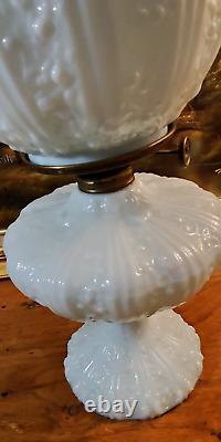 Antique Fenton Cabbage Rose Pale Blue GWTW Oil Lamp Aetna Burner