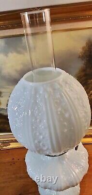 Antique Fenton Cabbage Rose Pale Blue GWTW Oil Lamp Aetna Burner