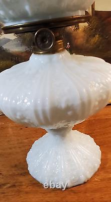 Antique Fenton Cabbage Rose Pale Blue GWTW Oil Lamp Aetna Burner