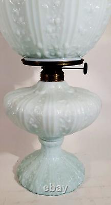 Antique Fenton Cabbage Rose Pale Blue GWTW Oil Lamp Aetna Burner