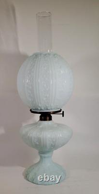 Antique Fenton Cabbage Rose Pale Blue GWTW Oil Lamp Aetna Burner