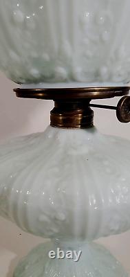 Antique Fenton Cabbage Rose Pale Blue GWTW Oil Lamp Aetna Burner