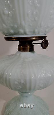 Antique Fenton Cabbage Rose Pale Blue GWTW Oil Lamp Aetna Burner