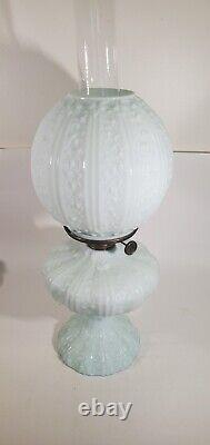 Antique Fenton Cabbage Rose Pale Blue GWTW Oil Lamp Aetna Burner