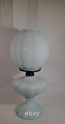 Antique Fenton Cabbage Rose Pale Blue GWTW Oil Lamp Aetna Burner