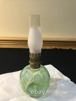 Antique Fenton Miniature Oil Lamp Green Opalescent Glass Coin Dot Pattern