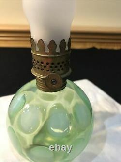 Antique Fenton Miniature Oil Lamp Green Opalescent Glass Coin Dot Pattern