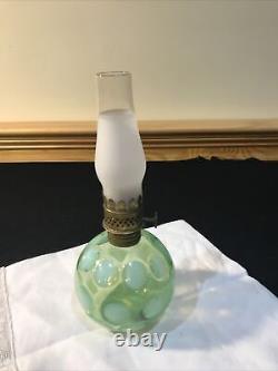 Antique Fenton Miniature Oil Lamp Green Opalescent Glass Coin Dot Pattern