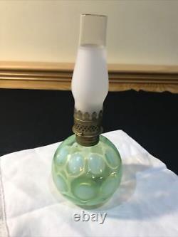 Antique Fenton Miniature Oil Lamp Green Opalescent Glass Coin Dot Pattern