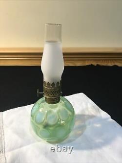 Antique Fenton Miniature Oil Lamp Green Opalescent Glass Coin Dot Pattern