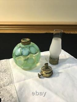 Antique Fenton Miniature Oil Lamp Green Opalescent Glass Coin Dot Pattern