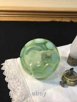 Antique Fenton Miniature Oil Lamp Green Opalescent Glass Coin Dot Pattern