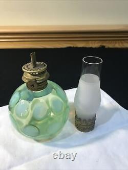 Antique Fenton Miniature Oil Lamp Green Opalescent Glass Coin Dot Pattern