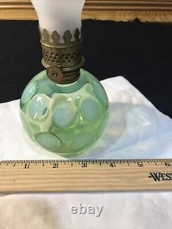 Antique Fenton Miniature Oil Lamp Green Opalescent Glass Coin Dot Pattern