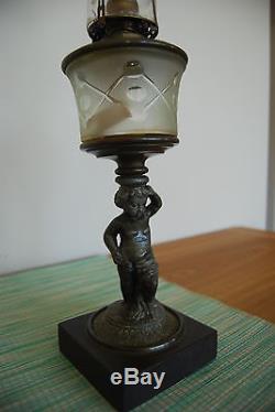 Antique Figural Boston Sandwich Eapg Glass Piano Kerosene Old Oil Parlor Lamp