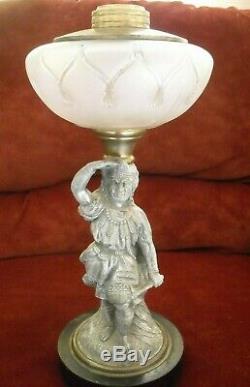 Antique Figural Frosted Glass Pedestal Oil Lamp 13 Spelter Chief