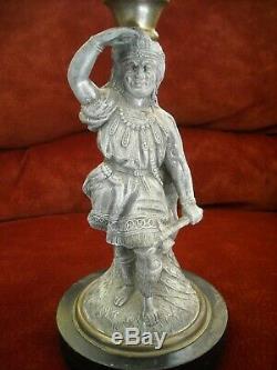 Antique Figural Frosted Glass Pedestal Oil Lamp 13 Spelter Chief