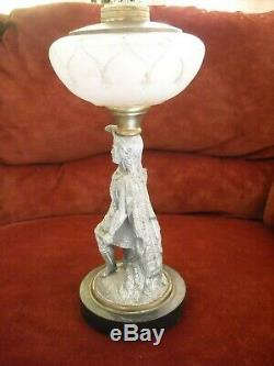 Antique Figural Frosted Glass Pedestal Oil Lamp 13 Spelter Chief