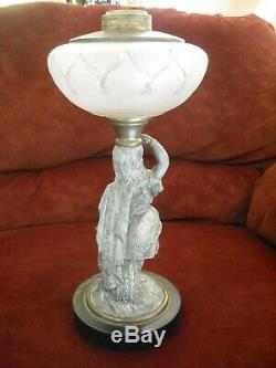 Antique Figural Frosted Glass Pedestal Oil Lamp 13 Spelter Chief