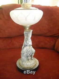 Antique Figural Frosted Glass Pedestal Oil Lamp 13 Spelter Chief