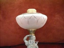 Antique Figural Frosted Glass Pedestal Oil Lamp 13 Spelter Chief