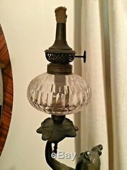 Antique Figural Oil Newel Lamp, A. Moreau, French early 1900 Art Nouveau Signed