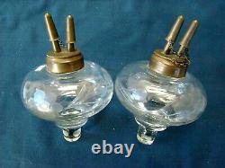 Antique Flint Glass Matched Pr Peg Whale Oil Lamps Burners, EAPG Boston Sandwich