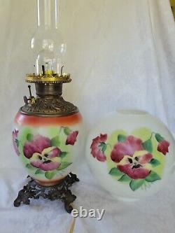 Antique Fostoria GWTW Oil Lamp Hand Painted VIOLETS ELECTRIFIED 25 F. G. Co