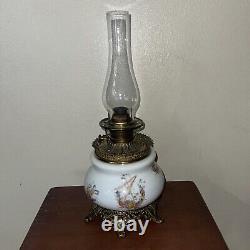 Antique Fostoria Glass Co. Oil Lamp With Cast Brass Metal Base And Chimney