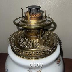 Antique Fostoria Glass Co. Oil Lamp With Cast Brass Metal Base And Chimney