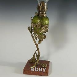 Antique French Acid Etched Glass Oil Lamp Art Nouveau Bronze Marble Stand