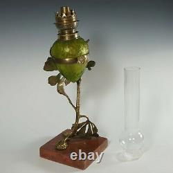 Antique French Acid Etched Glass Oil Lamp Art Nouveau Bronze Marble Stand