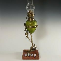 Antique French Acid Etched Glass Oil Lamp Art Nouveau Bronze Marble Stand