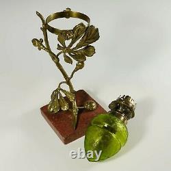 Antique French Acid Etched Glass Oil Lamp Art Nouveau Bronze Marble Stand