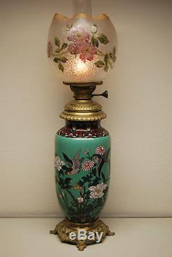 Antique French Baccarat Cloisonne Enamel Art Nouveau Old Oil Kerosene Gwtw Lamp