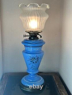 Antique French Blue Opaline Flowered Oil Lamp- VERRE SOUFFLE BOUCHE VIANNE