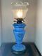 Antique French Blue Opaline Flowered Oil Lamp- VERRE SOUFFLE BOUCHE VIANNE