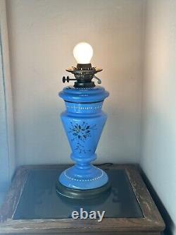 Antique French Blue Opaline Flowered Oil Lamp- VERRE SOUFFLE BOUCHE VIANNE