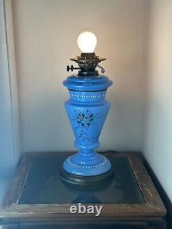 Antique French Blue Opaline Flowered Oil Lamp- VERRE SOUFFLE BOUCHE VIANNE