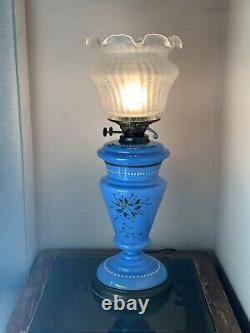 Antique French Blue Opaline Flowered Oil Lamp- VERRE SOUFFLE BOUCHE VIANNE