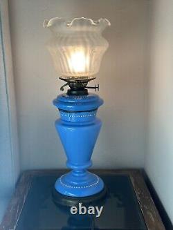 Antique French Blue Opaline Flowered Oil Lamp- VERRE SOUFFLE BOUCHE VIANNE