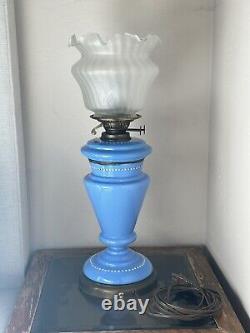 Antique French Blue Opaline Flowered Oil Lamp- VERRE SOUFFLE BOUCHE VIANNE