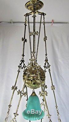 Antique French Chandelier Brass Porcelain Kerosine Candelabra Hanging Oil Lamp