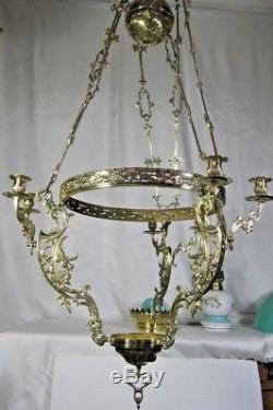 Antique French Chandelier Brass Porcelain Kerosine Candelabra Hanging Oil Lamp