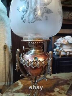 Antique French Oil Lamp Art Nouveau Brass Base Copper Tank