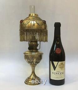 Antique French Oil Lamp Jewelled Hand Embossed Brass Fringed Lampshade